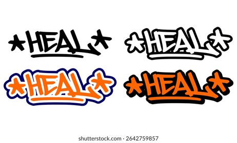 Graffiti tag vector of the word “HEAL” in bold street style with orange, black, and white. Includes 4 style variations. Perfect for hip hop visuals, stickers, and urban-inspired artwork.