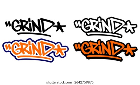 Graffiti tag vector of the word “GRIND” in bold street style with orange, black, and white. Includes 4 style variations. Great for hip hop artwork, stickers, and urban graphic design.