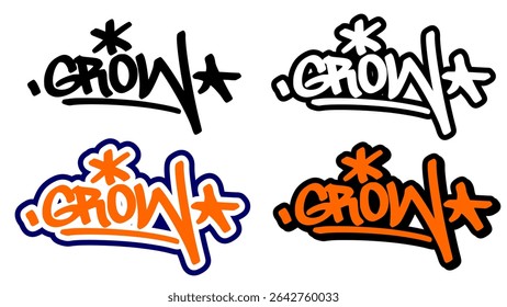 Graffiti tag vector of the word “GROW” in bold street style with orange, black, and white. Features 4 visual variations. Great for hip hop art, urban graphics, stickers, and motivational themes.