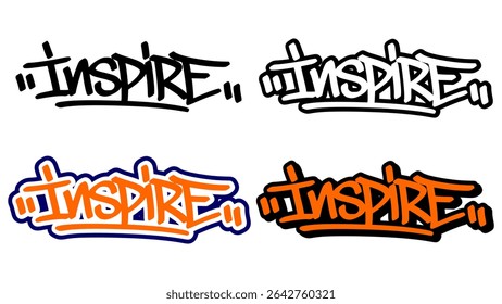 Graffiti tag vector of the word “INSPIRE” in bold street style with orange, black, and white. Features 4 unique styles. Ideal for hip hop visuals, urban prints, and motivational graphics.