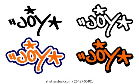 Graffiti tag vector of the word “JOY” in bold street style with orange, black, and white. Features 4 visual styles. Perfect for hip hop artwork, stickers, and vibrant urban design themes.