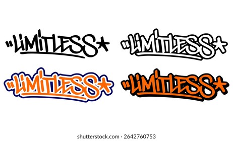 Graffiti tag vector of the word “LIMITLESS” in bold street style with orange, black, and white. Features 4 style variations. Ideal for hip hop art, urban graphics, and motivational design.