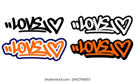 Graffiti tag vector of the word “LOVE” in bold street style with orange, black, and white. Features 4 unique styles. Great for hip hop artwork, stickers, urban prints, and emotional visuals.
