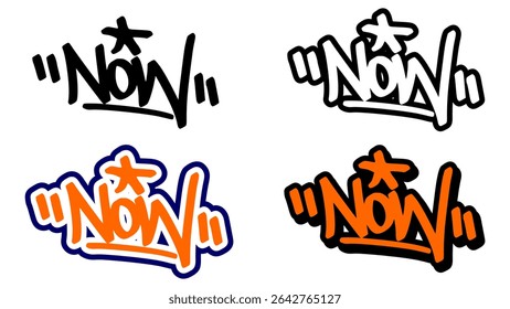 Graffiti tag vector of the word “NOW” in bold street style with orange, black, and white. Includes 4 expressive styles. Great for hip hop visuals, urban stickers, and motivational artworks.