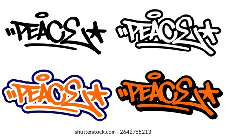 Graffiti tag vector of the word “PEACE” in bold street style with orange, black, and white. Features 4 unique styles. Great for hip hop visuals, urban graphics, and peaceful expression design.