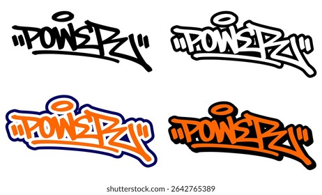Graffiti tag vector of the word “POWER” in bold street style with orange, black, and white. Features 4 unique styles. Ideal for hip hop graphics, urban designs, and strong visual expressions.
