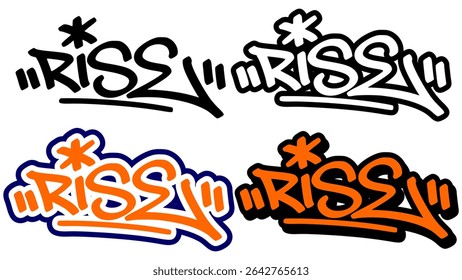Graffiti tag vector of the word “RISE” in bold street style with orange, black, and white. Includes 4 unique styles. Perfect for urban designs, hip hop visuals, and motivational graphics.