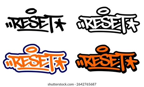 Graffiti tag vector of the word “RESET” in bold street style with orange, black, and white. Features 4 unique styles. Ideal for urban artwork, fresh start themes, and motivational design.