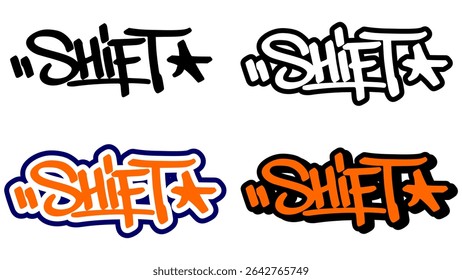 Graffiti tag vector of the word “SHIFT” in bold street style with orange, black, and white. Includes 4 unique styles. Great for urban visuals, mindset change, and dynamic graffiti artwork.