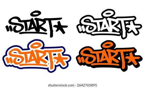 Graffiti tag vector of the word “START” in bold street style with orange, black, and white. Features 4 unique styles. Perfect for hip hop designs, motivational artwork, and urban-themed graphics.