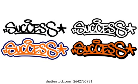 Graffiti tag vector of the word “SUCCESS” in bold street style with orange, black, and white. Includes 4 expressive styles. Great for motivational design, hip hop visuals, and urban artwork.