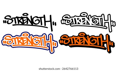 Graffiti tag vector of the word “STRENGTH” in bold street style with orange, black, and white. Features 4 powerful styles. Perfect for urban artwork, hip hop designs, and motivational themes.