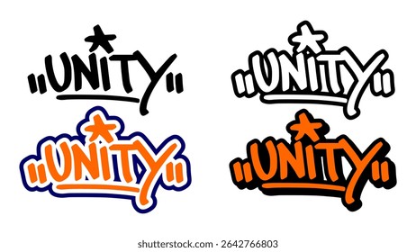 Graffiti tag vector of the word “UNITY” in bold street style with orange, black, and white. Includes 4 unique styles. Great for urban artwork, community themes, and hip hop inspired visuals.