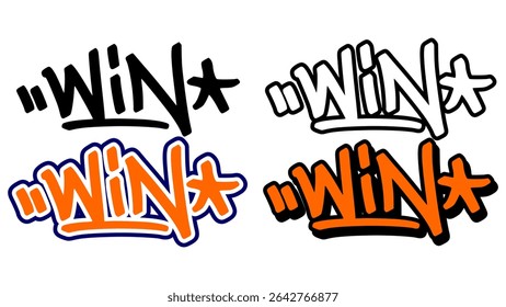 Graffiti tag vector of the word “WIN” in bold street style with orange, black, and white. Features 4 unique styles. Perfect for motivational artwork, hip hop visuals, and urban design themes.