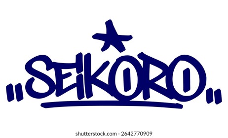 Graffiti tag vector of the word “Seikoro” in bold blue street style. One expressive hand-drawn look. Great for urban branding, hip hop visuals, and modern street art design concepts.