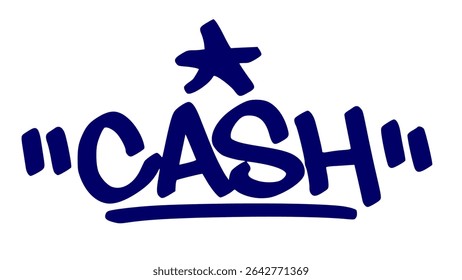 Graffiti tag vector of the word “CASH” in bold blue street style. One expressive hand-drawn look. Perfect for urban hustle themes, digital stickers, hip hop artwork, and money-related design.