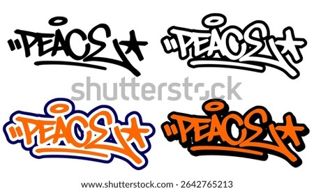 Graffiti tag vector of the word “PEACE” in bold street style with orange, black, and white. Features 4 unique styles. Great for hip hop visuals, urban graphics, and peaceful expression design.