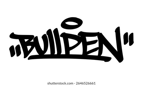 Graffiti tag of the word "Bullpen" in bold hand-drawn black ink. Urban street art lettering with baseball theme and transparent background, perfect for sports and edgy designs. - Powered by Shutterstock - Get 15% off with code: PIKWIZARD15