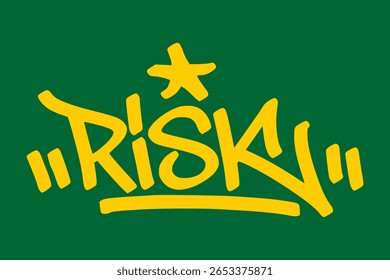 Grafite marca "risco" em amarelo sobre fundo verde. Negrito cassino arte de rua expressando emoção, tensão, e movimentos corajosos em cenas de jogo de apostas altas.
