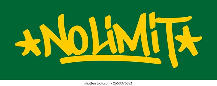 Graffiti marca "no limit" em amarelo sobre fundo verde. Negrito cassino arte de rua mostrando apostas destemidas, movimentos all-in, e ação de pôquer irrestrita.
