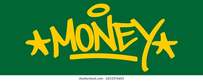 Graffiti tag "money" em amarelo no fundo verde. Grafite urbano ousado com atitude de cassino, repleto de altos pagamentos, energia de apostas e vitórias rápidas.
