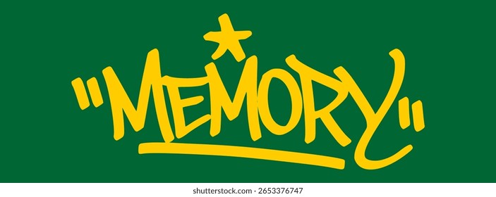 Graffiti tag “memory” in yellow on green background. Bold casino-style street art reflecting unforgettable games, big wins, and moments of luck and risk.
