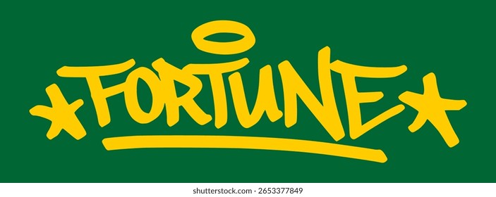 Graffiti tag "fortuna" em amarelo no fundo verde. Arte de rua com tema de cassino ousado mostrando sorte, riqueza e sonhos de alto risco em estilo urbano.
