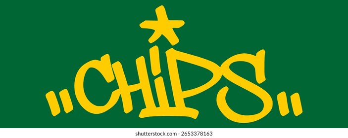 Graffiti tag "chips" em amarelo no fundo verde. Letras de arte de rua com sensação de cassino ousado, representando mesas de poker, pilhas de apostas e rodadas de sorte.
