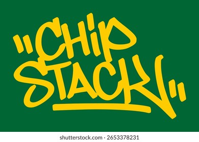 Graffiti tag "chip stack" em amarelo sobre fundo verde. Grafite arte de rua mostrando altas pilhas de apostas, risco e a pressão dos jogos de cassino.

