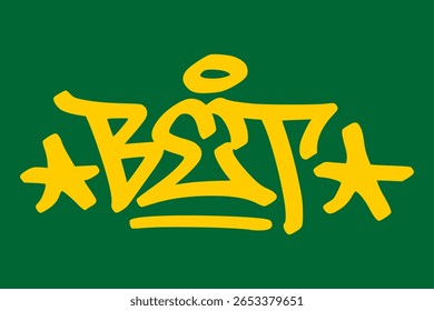 Graffiti tag "bet" em amarelo no fundo verde. Urbano rua lettering com tema de casino ousado, perfeito para jogos de azar, mesas de poker, e movimentos arriscados.
