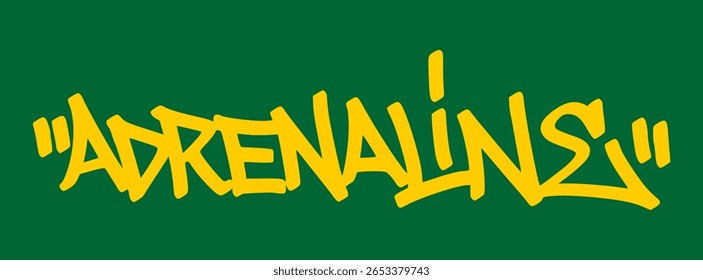 Graffiti tag “adrenaline” in yellow on green background. High-energy graffiti street art showing the thrill, rush, and tension of gambling moments.
