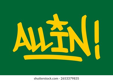 Graffiti marca "tudo em" em amarelo no fundo verde. Captura de arte tema de cassino urbano capturando movimentos de risco total e apostas destemidas em estilo de grafite em negrito.
