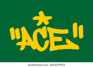Graffiti tag "ace" em amarelo no fundo verde. Ousada arte de rua com tema de cassino com alta energia e vibrações de sorte, perfeita para jogos de azar e projetos de pôquer.
