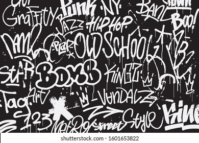 Graffiti tags background in black and white colors. Graffiti texture in hand drawn style. Old school street art. Element for t-shirt design, textile, banner. Vector illustration