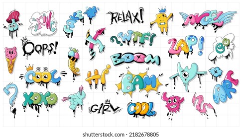 Graffiti tags. Fresh, best and cool text signs of street art book, art, cool, beam, blow, wtf, face isolated on white background. Creative colorful writing with drips and blobs modern style. Vector