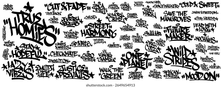 Graffiti tags set of 64 creative words for various celebration days in one canvas, urban street art style with bold lettering, vibrant vibe, and inspiring themes.