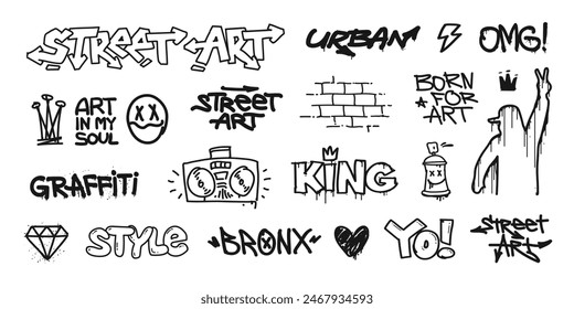 Graffiti Tags and Street Art Spray paint effect with urban typhography grunge elements - editable vector for print design ( set 2 of 3 )