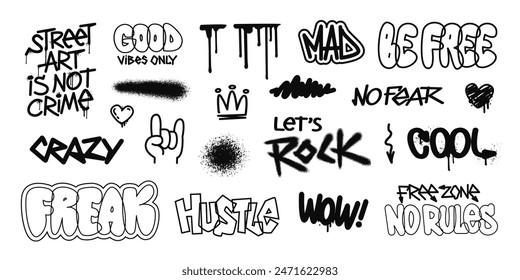 Graffiti Tags and Street Art Spray paint effect with urban typhography grunge elements - editable vector for tee print design ( set 4 of 4 )	
