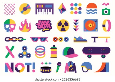 Graffiti tags, turntables, chains and caps—everything you need for energetic streetwear and festival visuals.