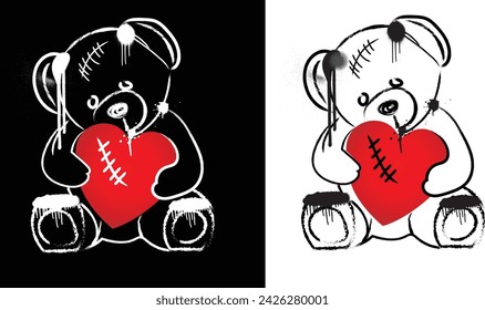 Graffiti teddy bear with broken heart, printable black and white illustration