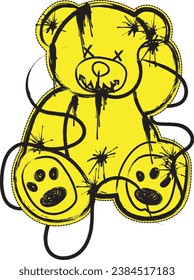 Graffiti teddy bear illustration in street art style, happy grafitti bear doll spray painted vector illustration