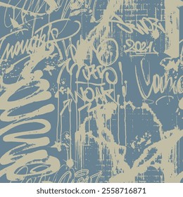 Graffiti teenagers pattern. Abstract seamless grunge text print. Collage of lettering and different tags. Wall street ornament. Old school and urban street art theme. Vector monochrome background