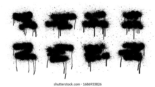 Graffiti template spray, stencil vector banner. Isolated set with high level tracing. Spray shapes with dripping paint, smudges and drops. Mockup street art, back elements. Graffiti Spray set. Vector