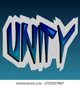 graffiti text art of the word  "UNITY" in bold street style lettering with dynamic shape and blue background, creative urban typography design perfect for poster, t-shirt, digital artwork etc.
