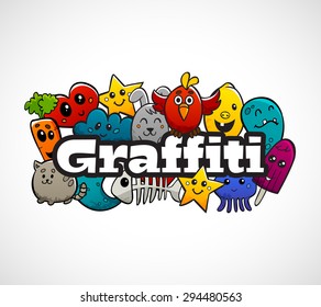 Graffiti text  and cartoon abstract characters composition animals and fruits flat bright color concept vector illustration