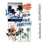 Graffiti text print and palm tree summer beach print , graffiti art of los angels,  graffiti slogan print with spray effect for graphic tee t shirt or sweatshirt - Vector