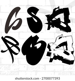 Graffiti text S on different style tag throwup wildstyle decorative 