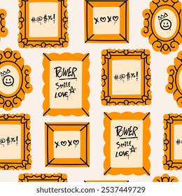 Graffiti text, tag, street art in decorative Frames. Modern art concept. Museum, exhibition  frames. Elegant, grunge flat style. Hand drawn Vector illustration. Square seamless Pattern, wallpaper