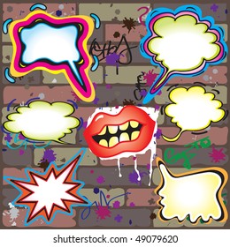 Graffiti Thought Bubbles on a grungy brick wall.