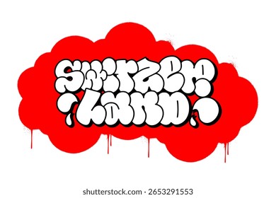 Graffiti werfen "Schweiz" in fett weißer Schrift mit rotem Blasenhintergrund. Urbaner Street-Art-Stil mit rohen Linien, nationaler Atmosphäre und kühnem visuellen Kontrast.
